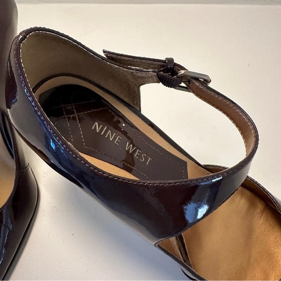 NINE WEST Patent Leather Brown Mary Jane Sandal Heel Ankle Strap Size 8.5 - Picture 6 of 11